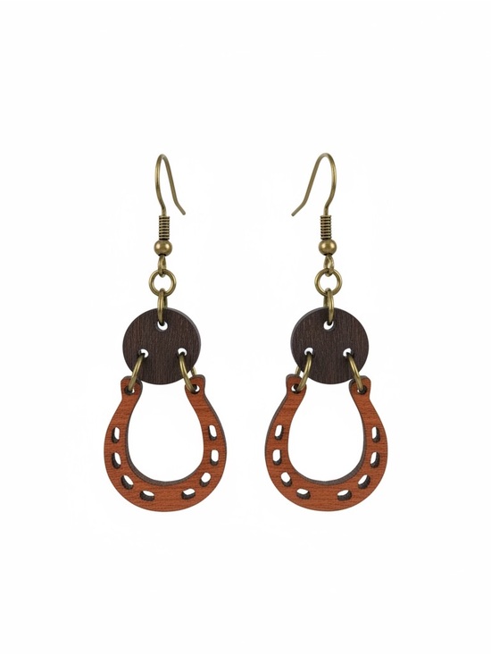 Jewelry - Wooden Horseshoe Drop Earrings in Brown and Tan